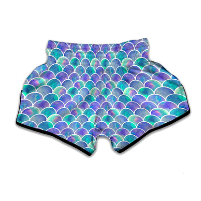 Sea Blue Mermaid Scales Pattern Print Muay Thai Boxing Shorts