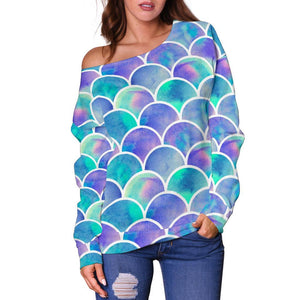 Sea Blue Mermaid Scales Pattern Print Off Shoulder Sweatshirt GearFrost