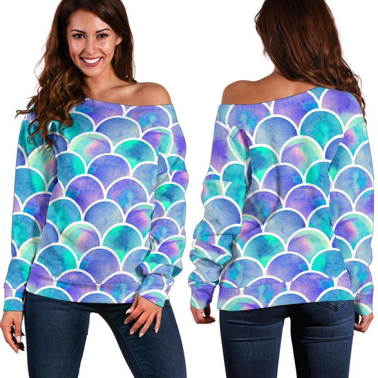 Sea Blue Mermaid Scales Pattern Print Off Shoulder Sweatshirt GearFrost