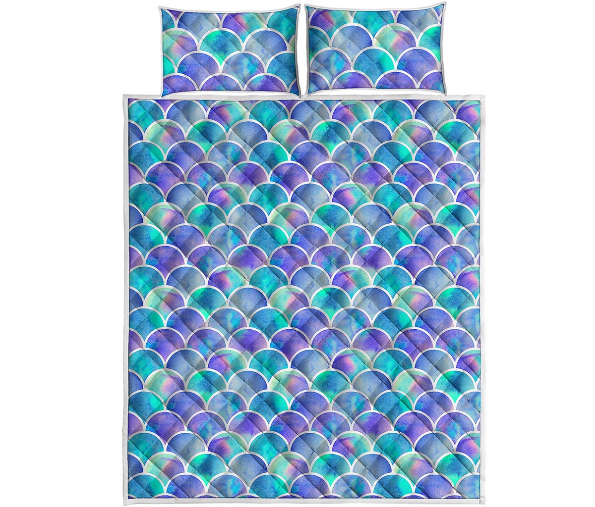 Sea Blue Mermaid Scales Pattern Print Quilt Bed Set