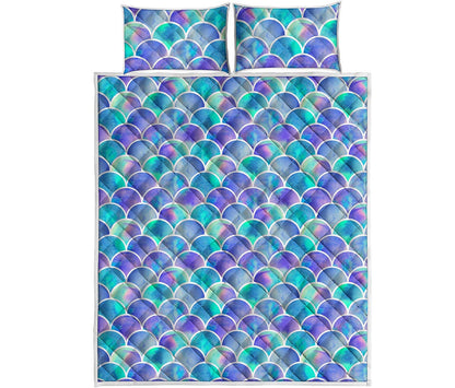 Sea Blue Mermaid Scales Pattern Print Quilt Bed Set