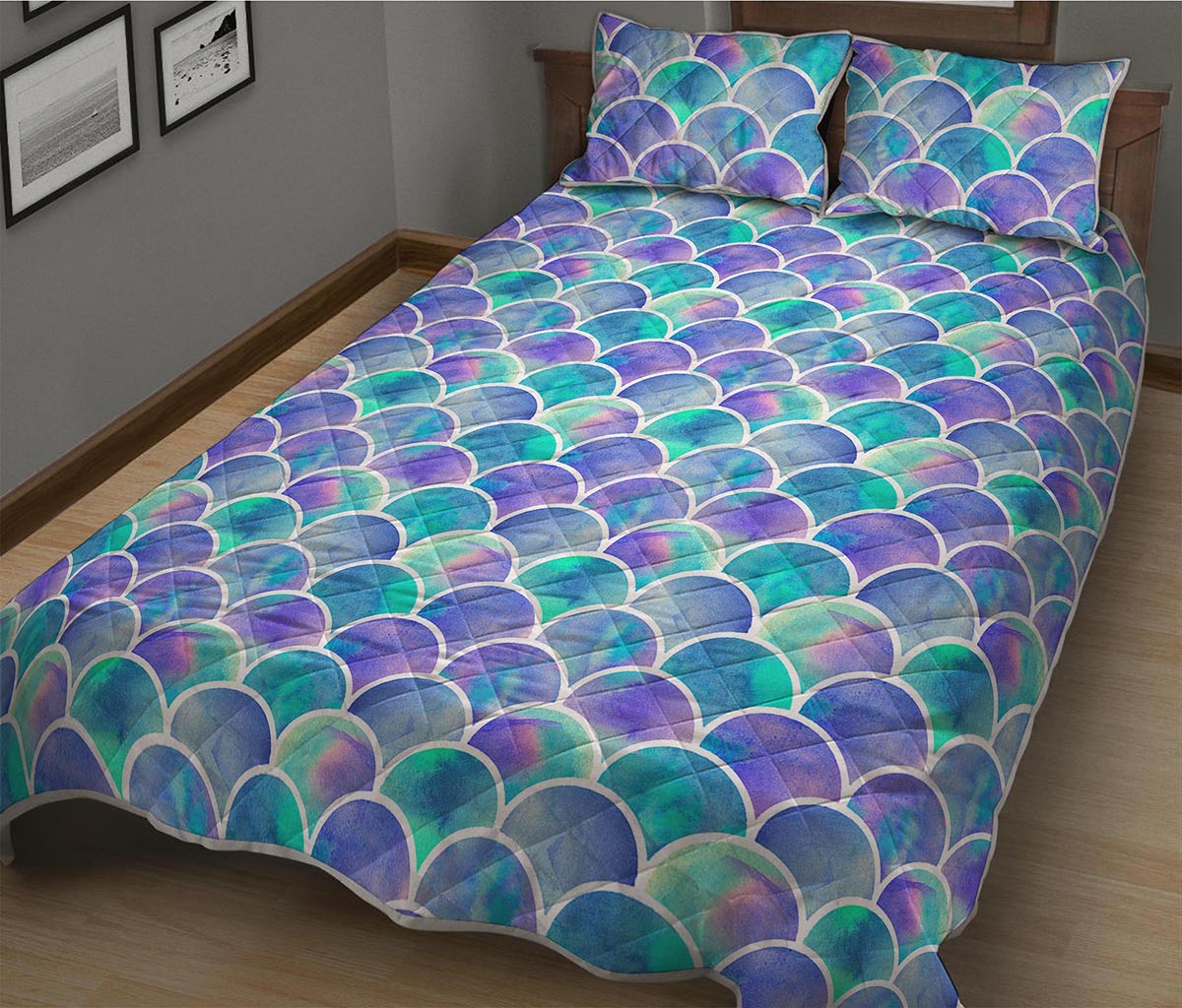 Sea Blue Mermaid Scales Pattern Print Quilt Bed Set
