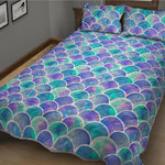 Sea Blue Mermaid Scales Pattern Print Quilt Bed Set