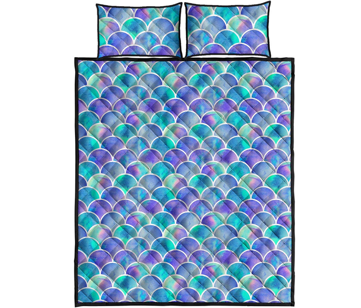 Sea Blue Mermaid Scales Pattern Print Quilt Bed Set