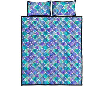 Sea Blue Mermaid Scales Pattern Print Quilt Bed Set