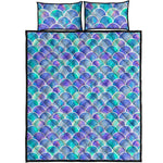 Sea Blue Mermaid Scales Pattern Print Quilt Bed Set