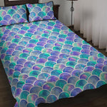 Sea Blue Mermaid Scales Pattern Print Quilt Bed Set