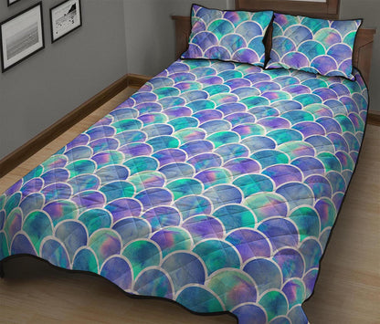 Sea Blue Mermaid Scales Pattern Print Quilt Bed Set