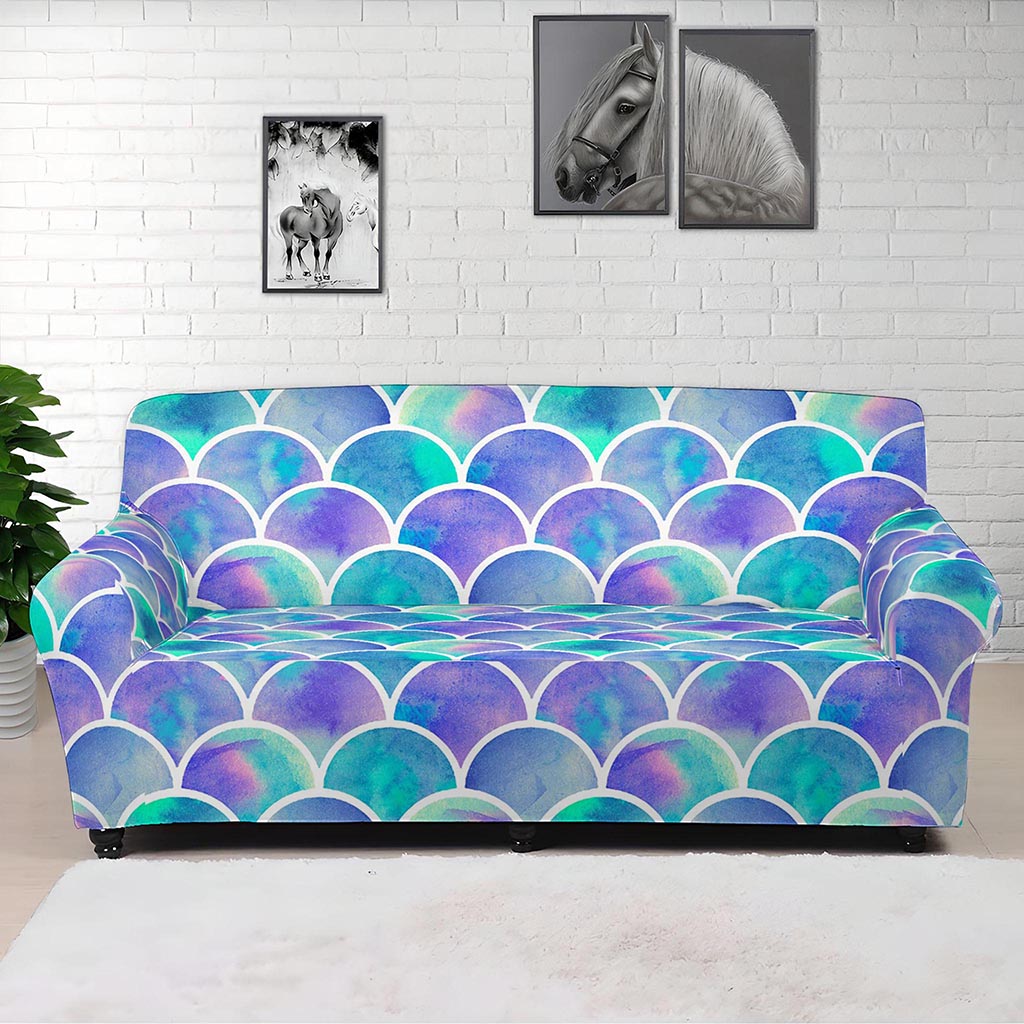 Sea Blue Mermaid Scales Pattern Print Sofa Cover