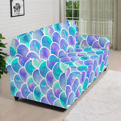 Sea Blue Mermaid Scales Pattern Print Sofa Cover