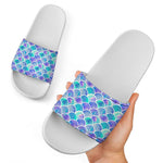 Sea Blue Mermaid Scales Pattern Print White Slide Sandals