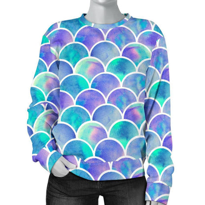Sea Blue Mermaid Scales Pattern Print Women's Crewneck Sweatshirt GearFrost