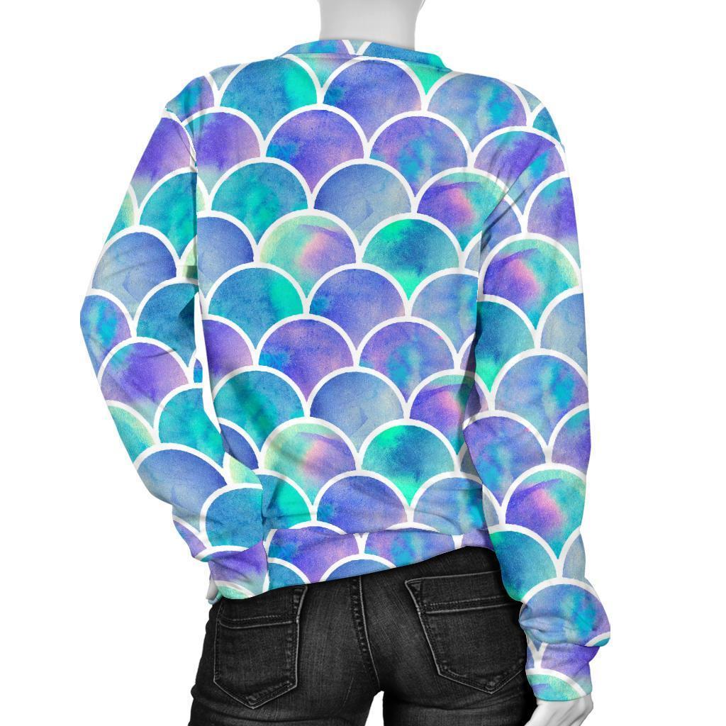 Sea Blue Mermaid Scales Pattern Print Women's Crewneck Sweatshirt GearFrost