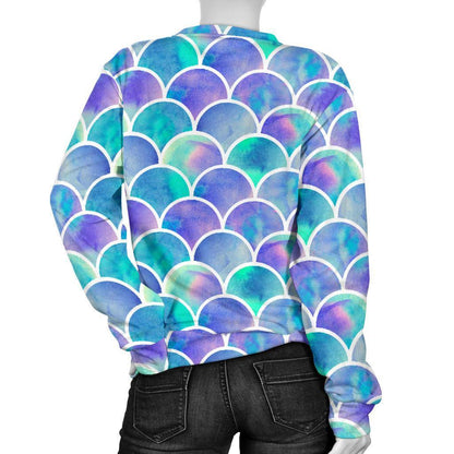 Sea Blue Mermaid Scales Pattern Print Women's Crewneck Sweatshirt GearFrost