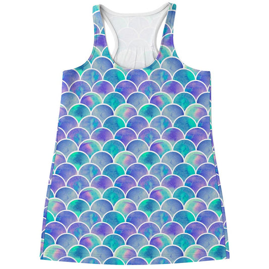 Sea Blue Mermaid Scales Pattern Print Women's Racerback Tank Top