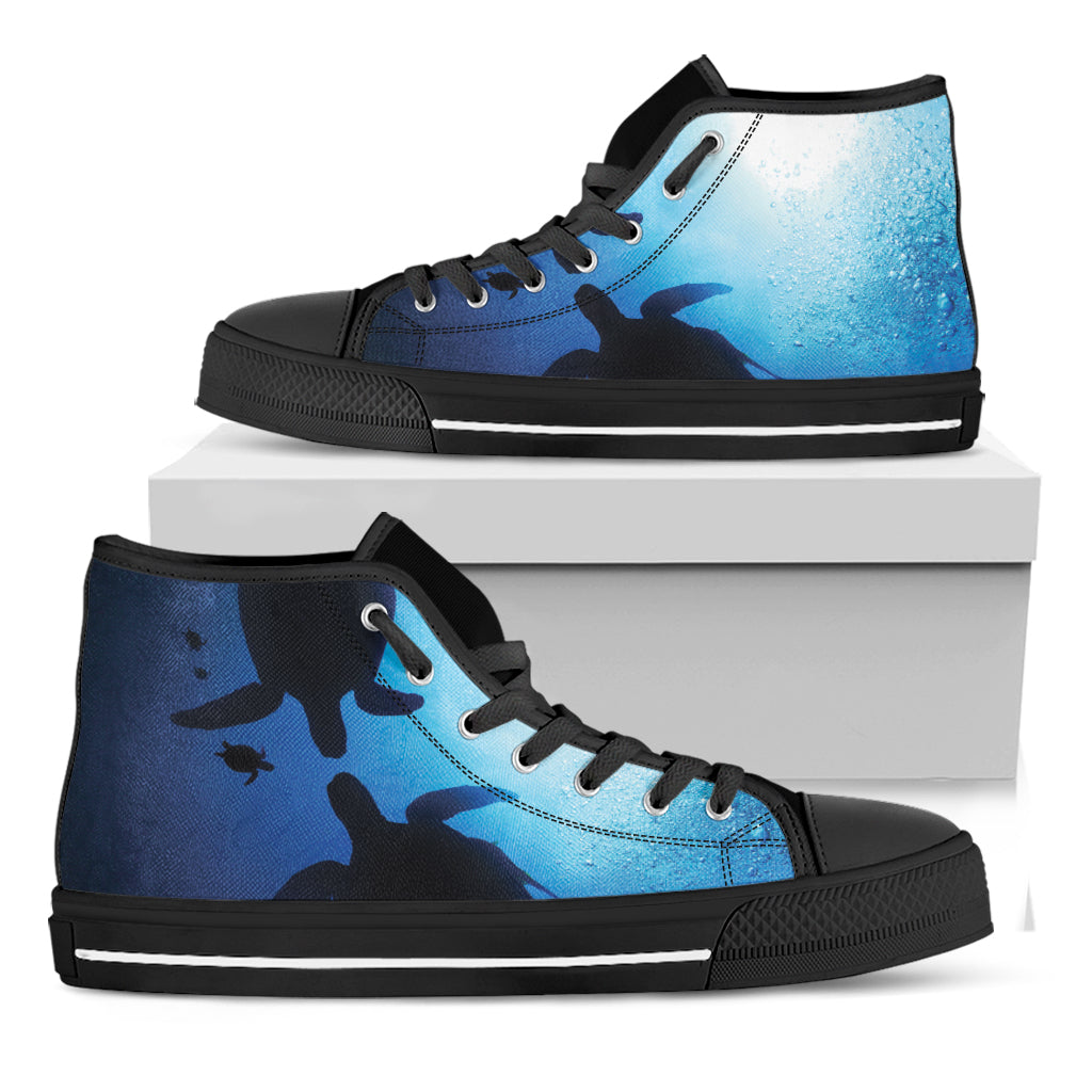 Sea Turtle Family Underwater Print Black High Top Shoes