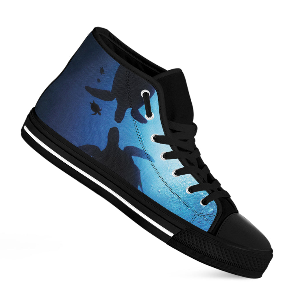 Sea Turtle Family Underwater Print Black High Top Shoes