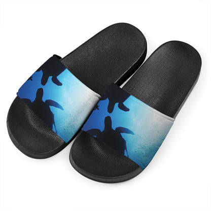 Sea Turtle Family Underwater Print Black Slide Sandals