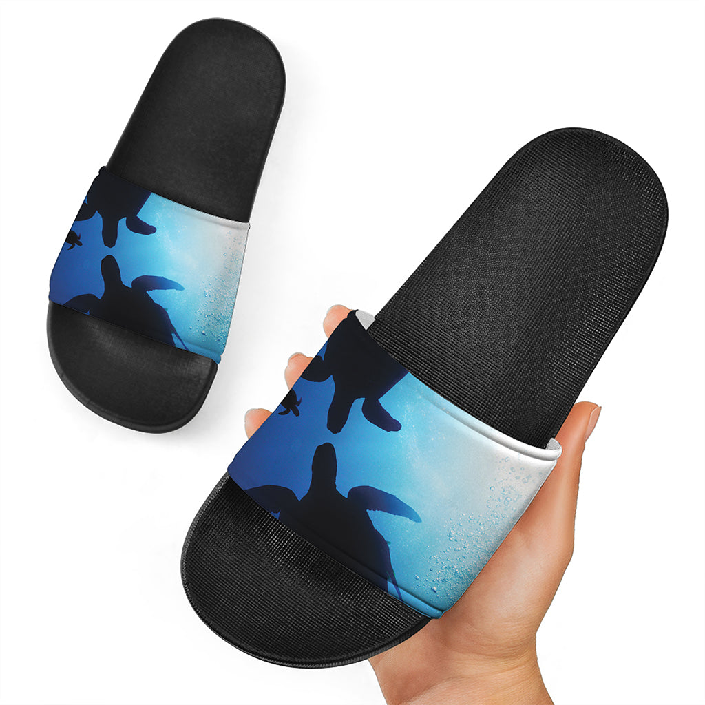 Sea Turtle Family Underwater Print Black Slide Sandals