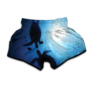 Sea Turtle Family Underwater Print Muay Thai Boxing Shorts