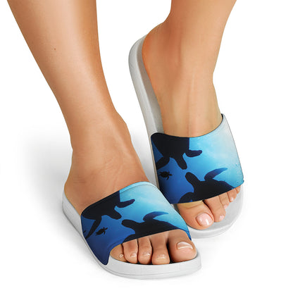 Sea Turtle Family Underwater Print White Slide Sandals