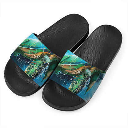 Sea Turtle Painting Print Black Slide Sandals