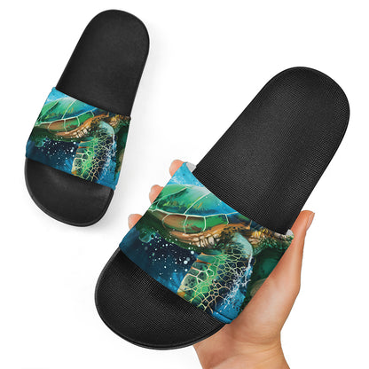 Sea Turtle Painting Print Black Slide Sandals
