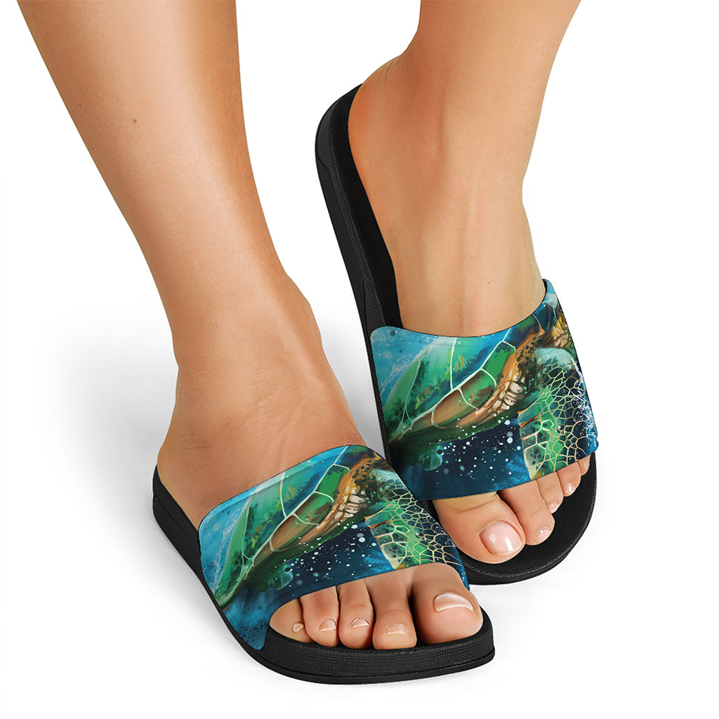 Sea Turtle Painting Print Black Slide Sandals