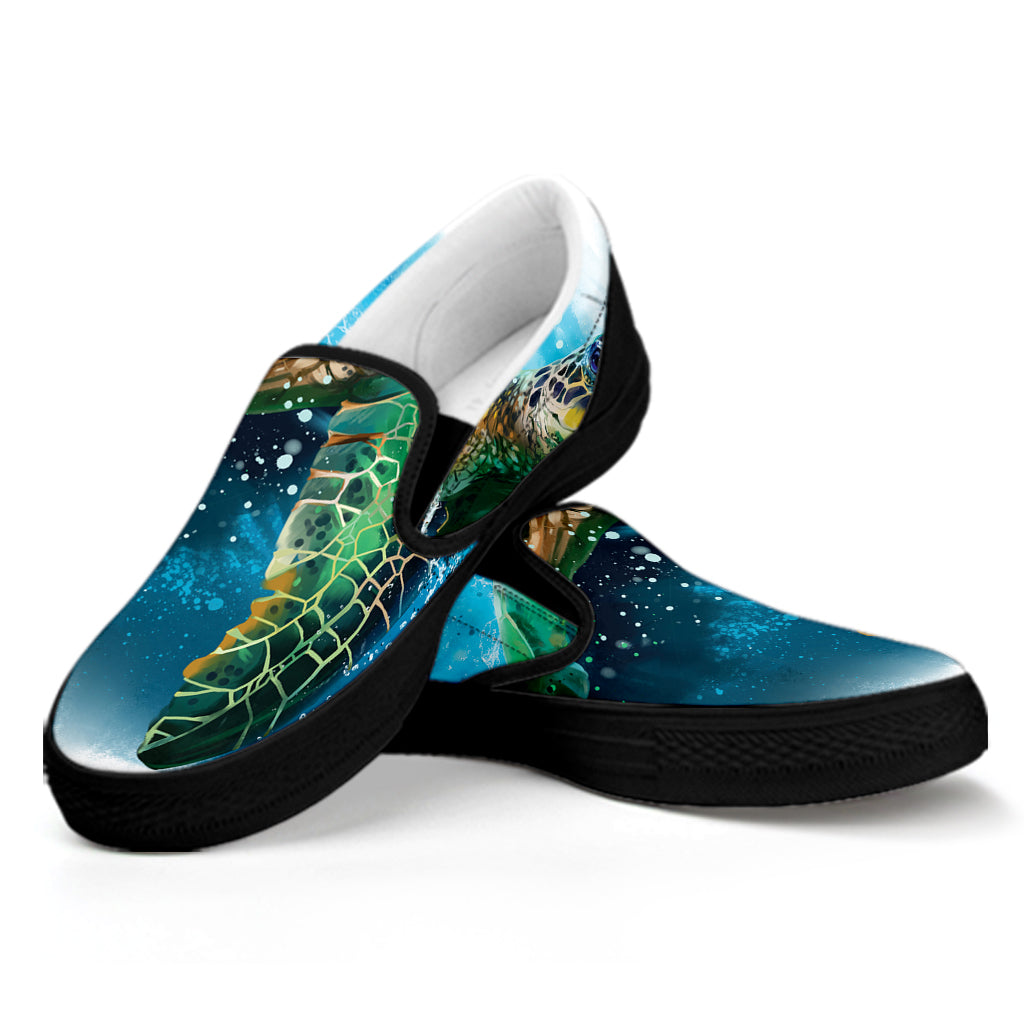 Sea Turtle Painting Print Black Slip On Shoes