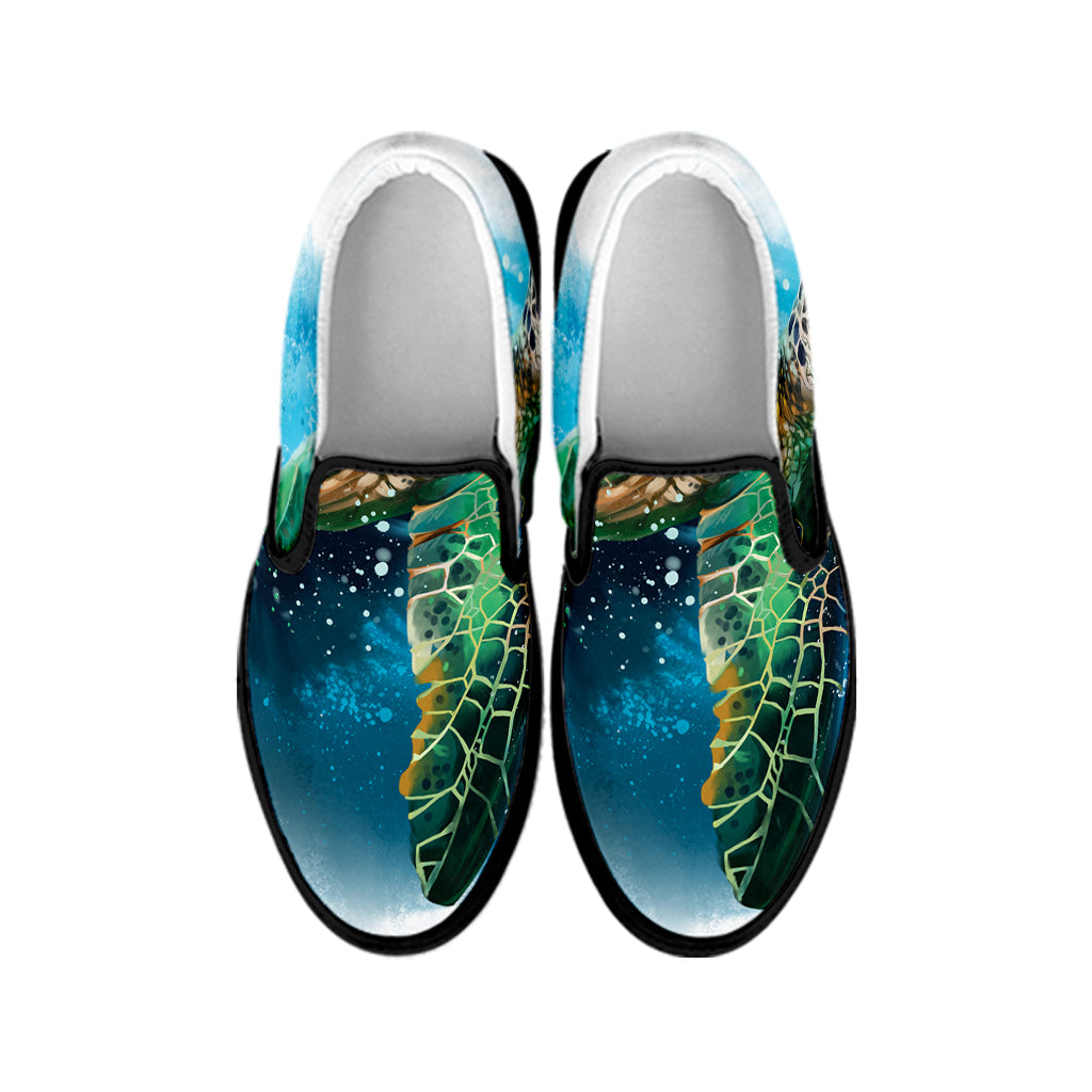 Sea Turtle Painting Print Black Slip On Shoes