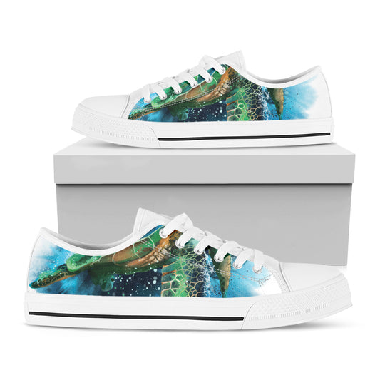 Sea Turtle Painting Print White Low Top Shoes