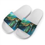 Sea Turtle Painting Print White Slide Sandals