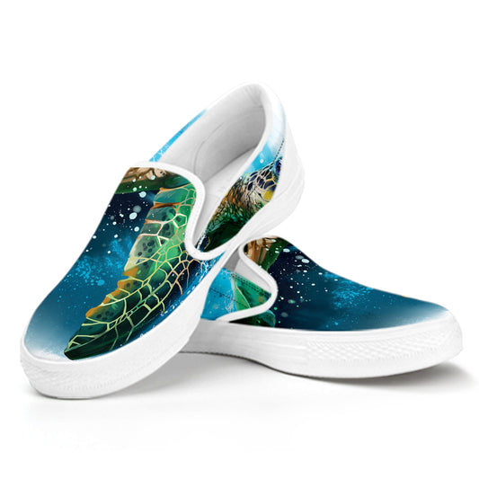 Sea Turtle Painting Print White Slip On Shoes