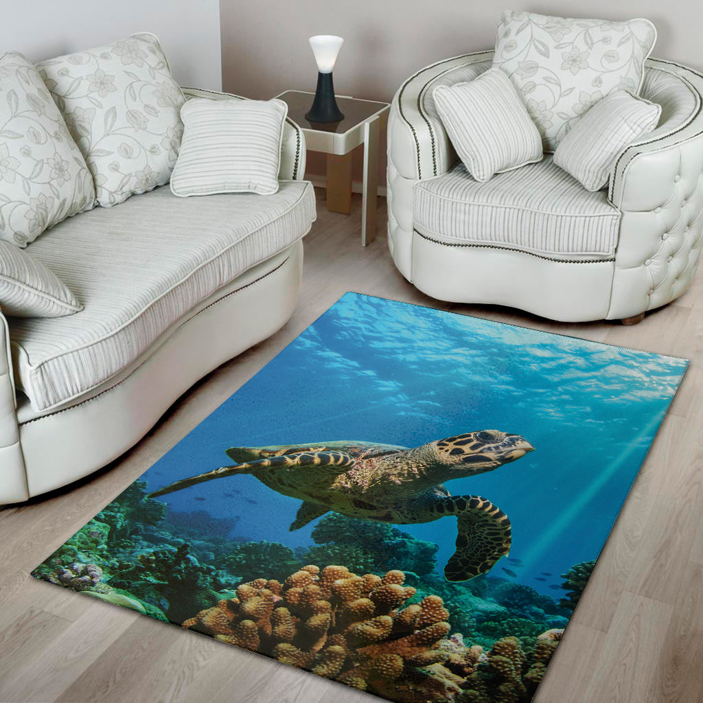 Sea Turtle Underwater Print Area Rug