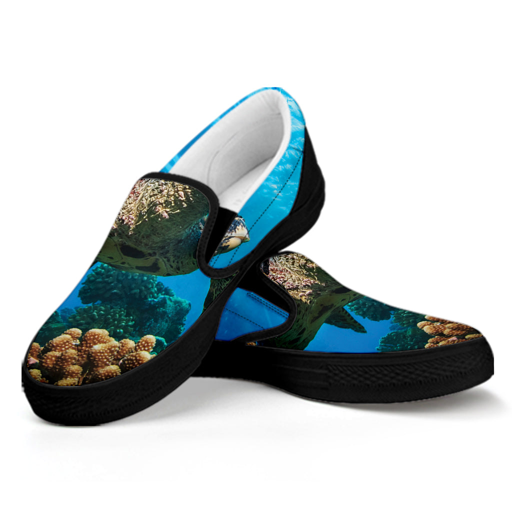 Sea Turtle Underwater Print Black Slip On Shoes