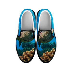 Sea Turtle Underwater Print Black Slip On Shoes