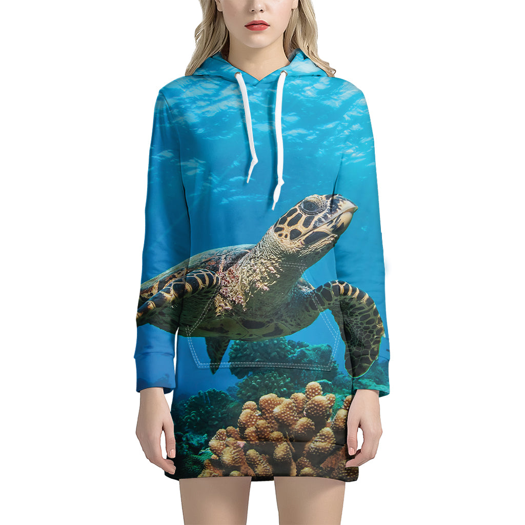 Sea Turtle Underwater Print Hoodie Dress