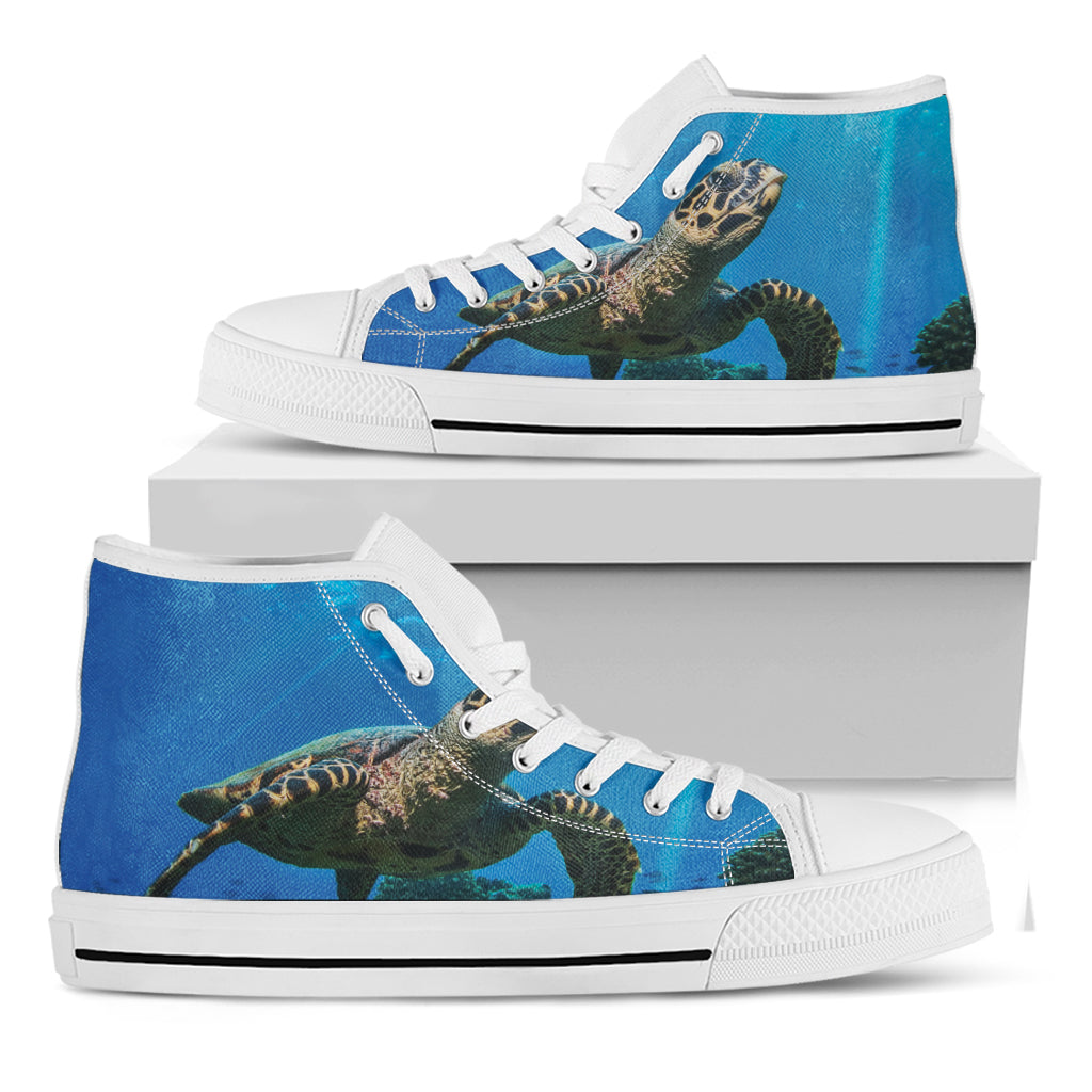 Sea Turtle Underwater Print White High Top Shoes