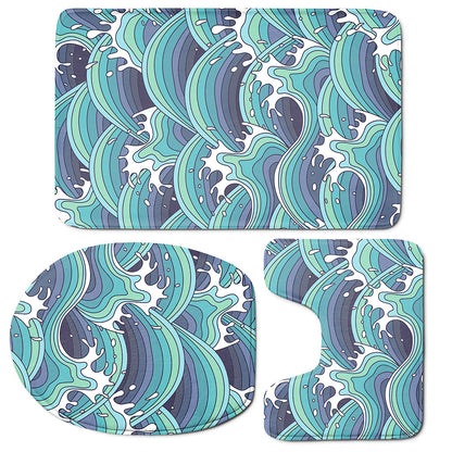 Sea Wave Surfing Pattern Print 3 Piece Bath Mat Set