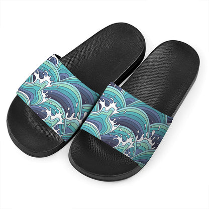 Sea Wave Surfing Pattern Print Black Slide Sandals