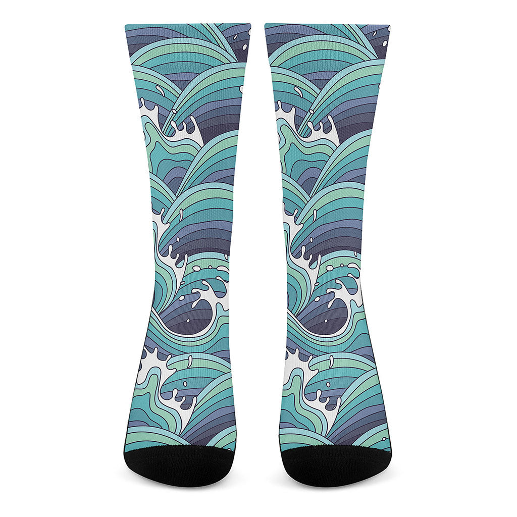 Sea Wave Surfing Pattern Print Crew Socks