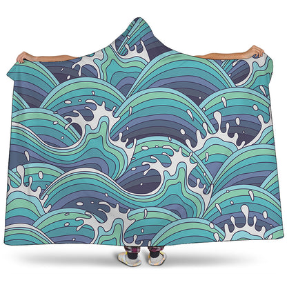 Sea Wave Surfing Pattern Print Hooded Blanket