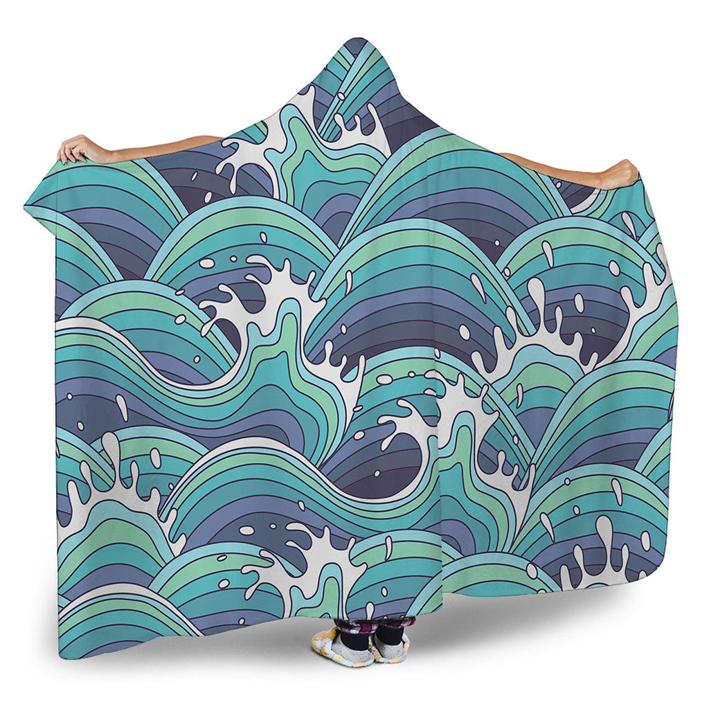 Sea Wave Surfing Pattern Print Hooded Blanket