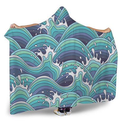 Sea Wave Surfing Pattern Print Hooded Blanket