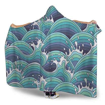 Sea Wave Surfing Pattern Print Hooded Blanket