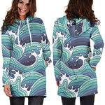 Sea Wave Surfing Pattern Print Hoodie Dress GearFrost