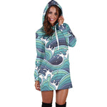 Sea Wave Surfing Pattern Print Hoodie Dress GearFrost