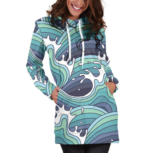 Sea Wave Surfing Pattern Print Hoodie Dress GearFrost