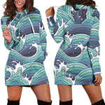 Sea Wave Surfing Pattern Print Hoodie Dress GearFrost