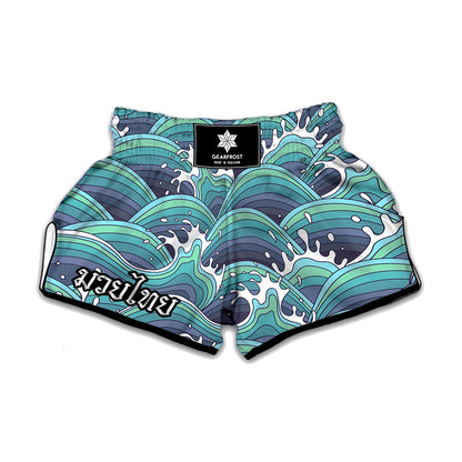Sea Wave Surfing Pattern Print Muay Thai Boxing Shorts